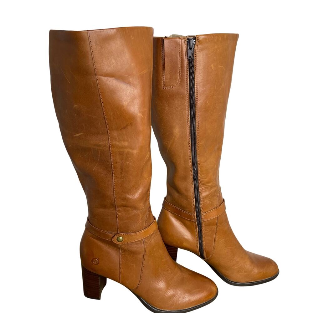 Born Ellendale knee-high Boots Size 7 Cognac Tan Leather Block Heel Chic New - Picture 4 of 15